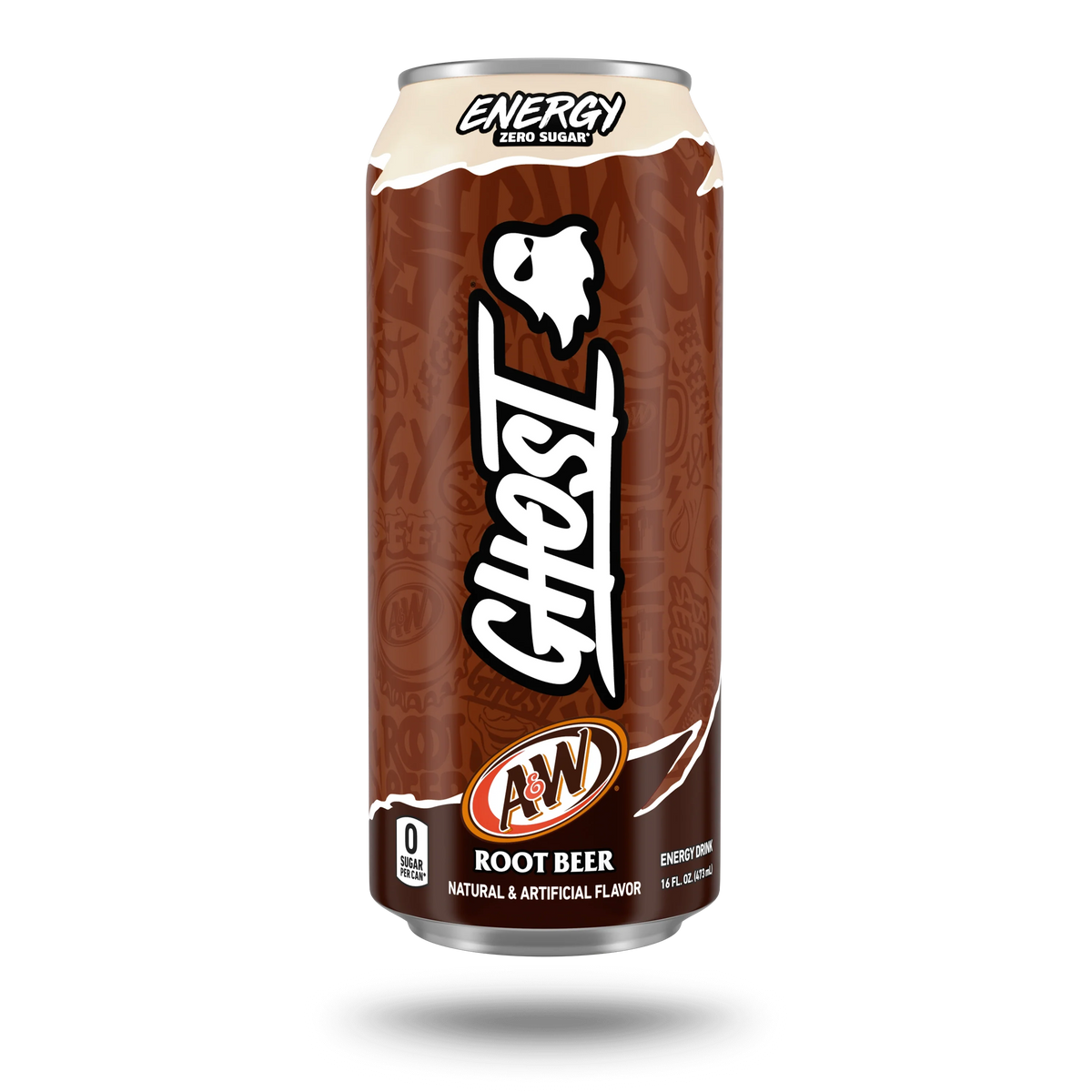 GHOST Energy Drink (USA) — A&W Root Beer front of can, 16 fl oz, zero sugar