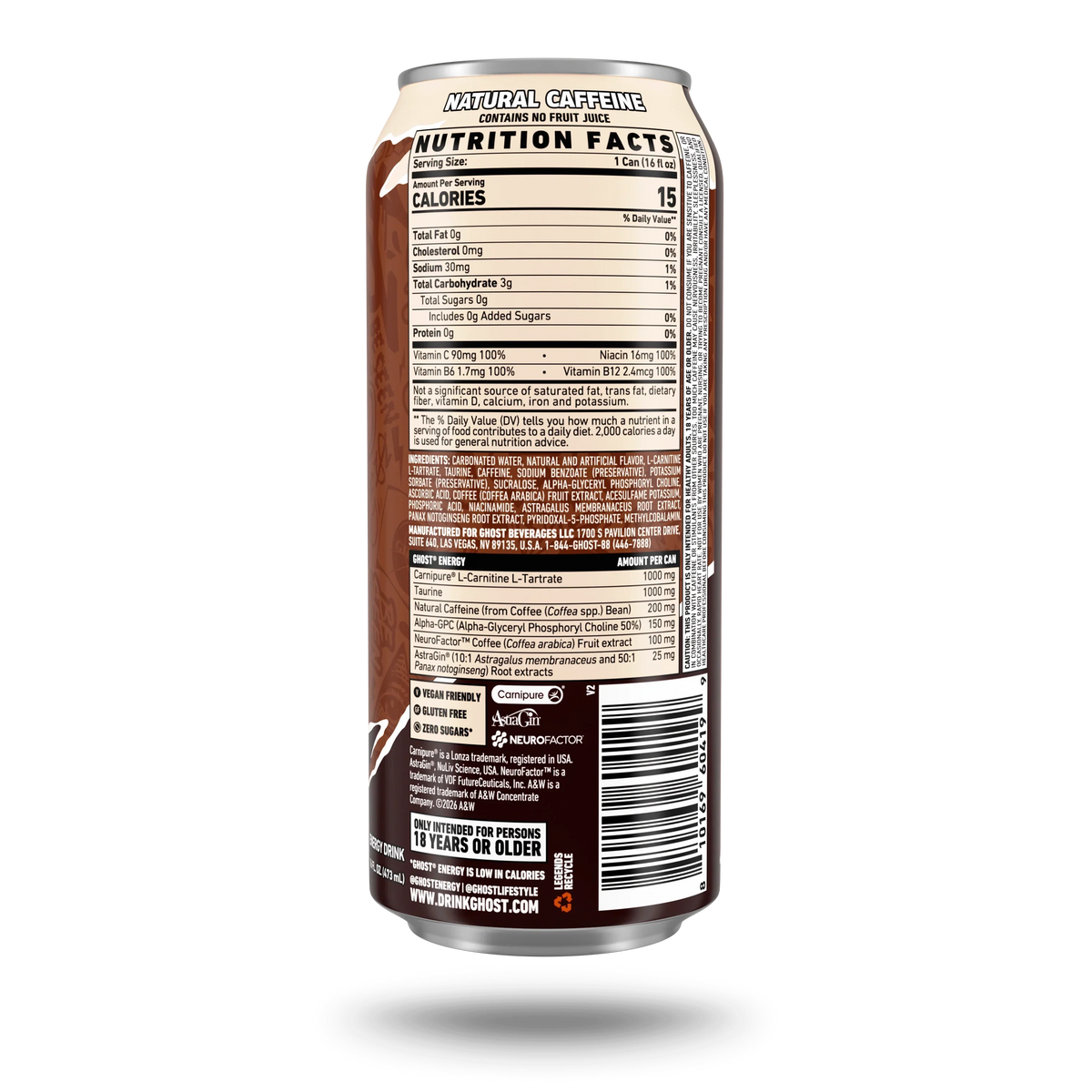 GHOST Energy USA A&W Root Beer — Nutrition Facts label, 16 fl oz can