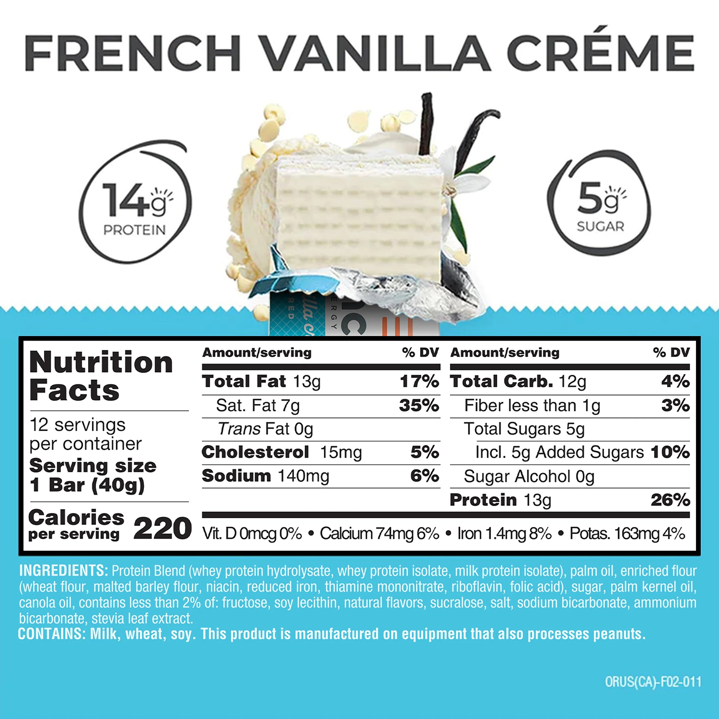 Power Crunch Protein Bar French Vanilla Creme Nutrition Facts label — 14g protein, 5g sugar per bar