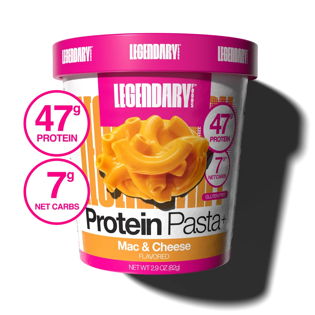 Legendary Protein Pasta Mac & Cheese single-serve cup on a white background.