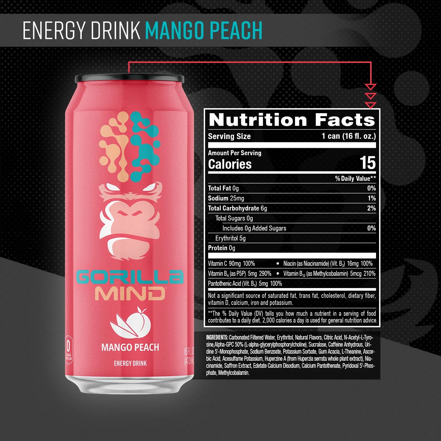 Gorilla Mind Energy Drink (1 can) — Mango Peach front