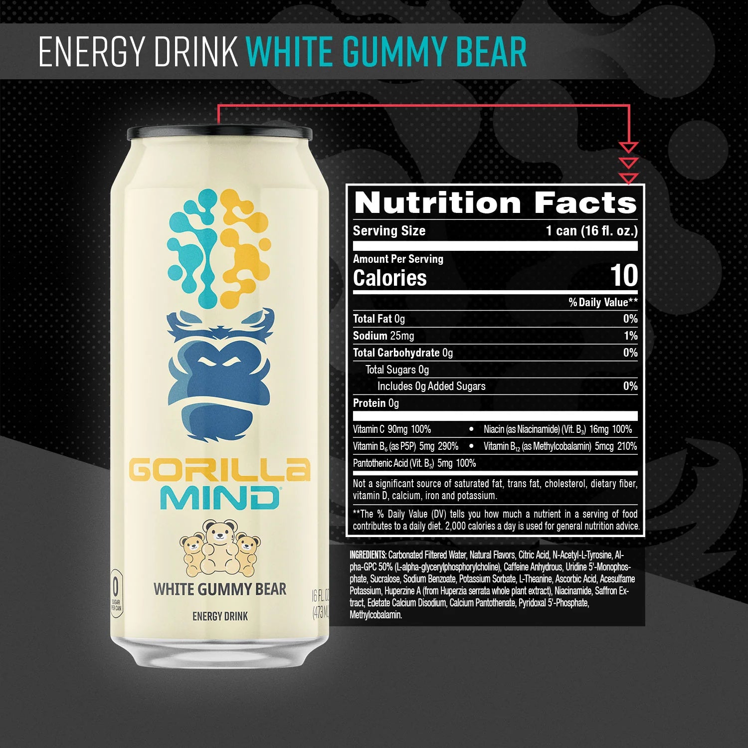 Gorilla Mind Energy Drink (1 can) — White Gummy Bear front
