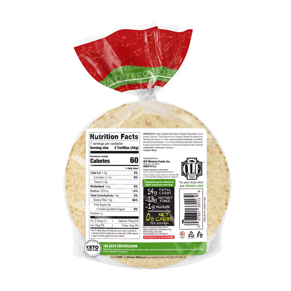 Ole Xtreme Wellness Zero Carb Street Taco - 10.8oz (14 mini tortillas) "BEST BEFORE MARCH 29 2026 FINALE SALE"