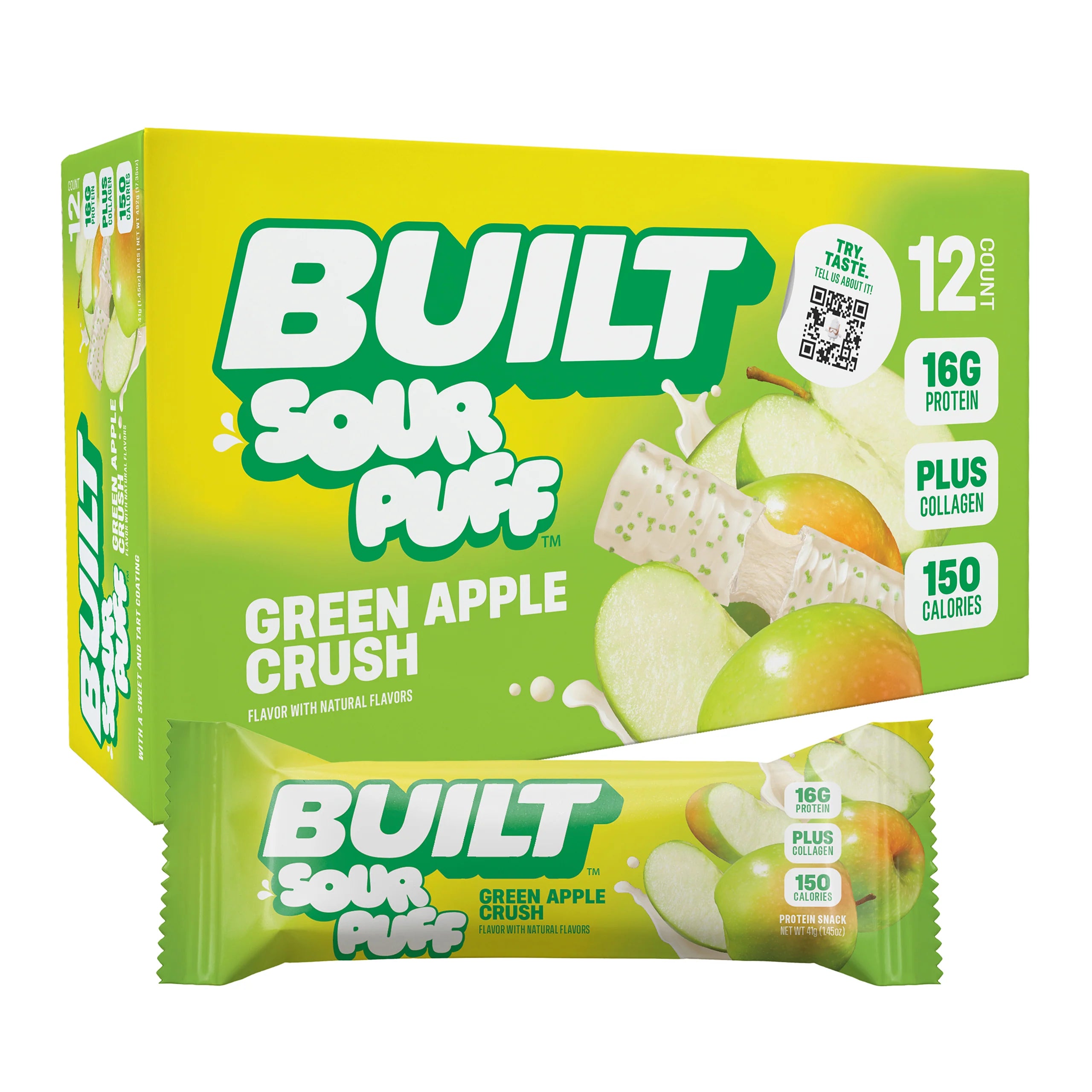 Built Protein Bars & Puffs (1 Box of 12) — Green Apple Crush SOUR isolated product shot