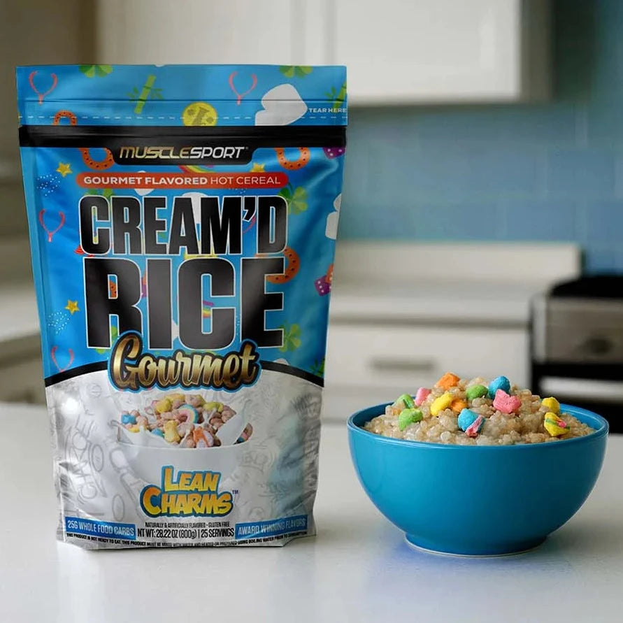 Prepared bowl of MuscleSport Cream'd Rice Lean Charms hot cereal with marshmallows beside the pouch