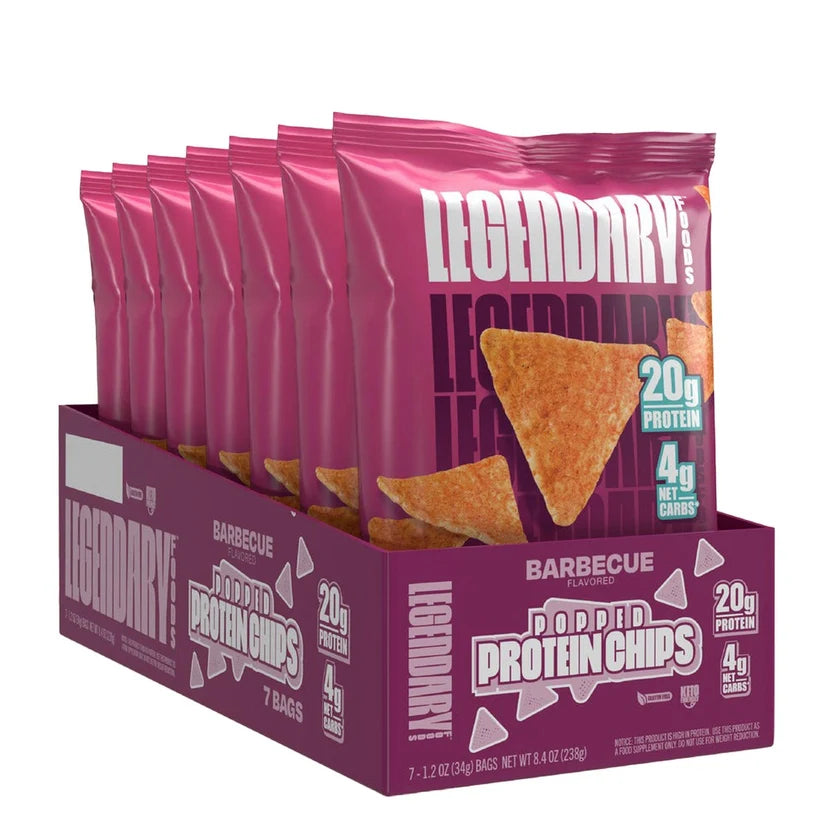 Legendary Foods Barbecue Popped Protein Chips box of 7 bags, magenta carton, 20g protein and 4g net carbs