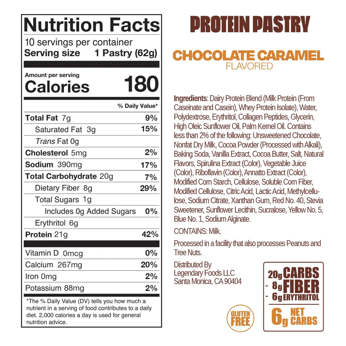 Legendary Foods Chocolate Caramel Protein Pastry Nutrition Facts and ingredients, 180 calories, 21g protein, 1g sugar