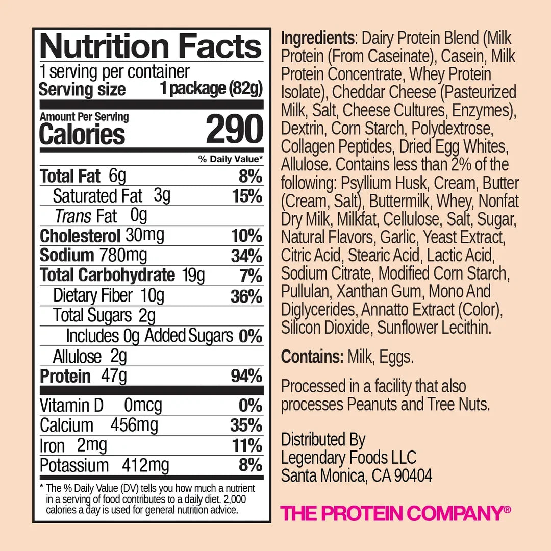 Nutrition Facts and ingredient panel for Legendary Mac & Cheese protein pasta: protein, calories and ingredients.