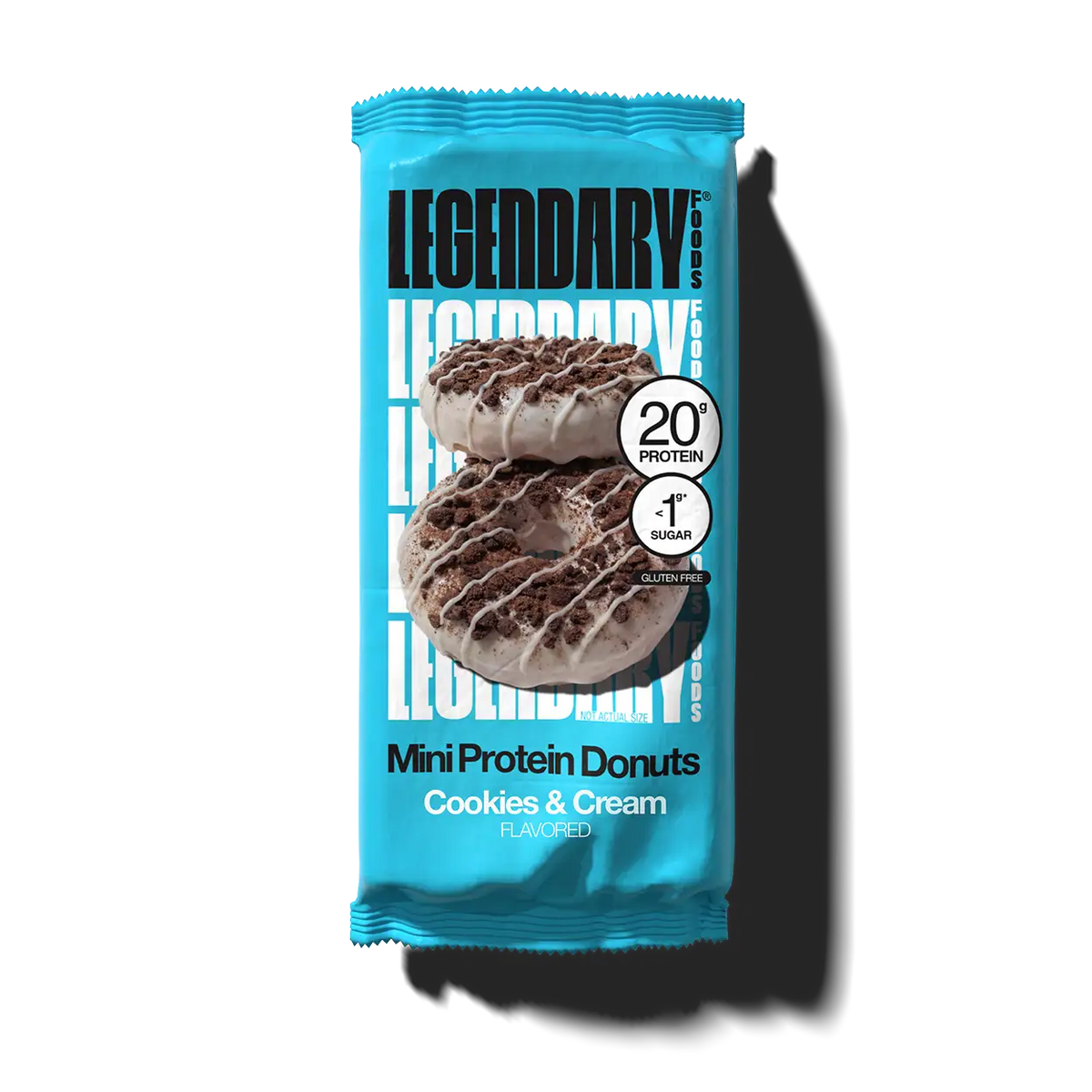 Legendary Cookies & Cream Protein Donuts single pack front, blue wrapper, 20g protein, <1g sugar, gluten-free