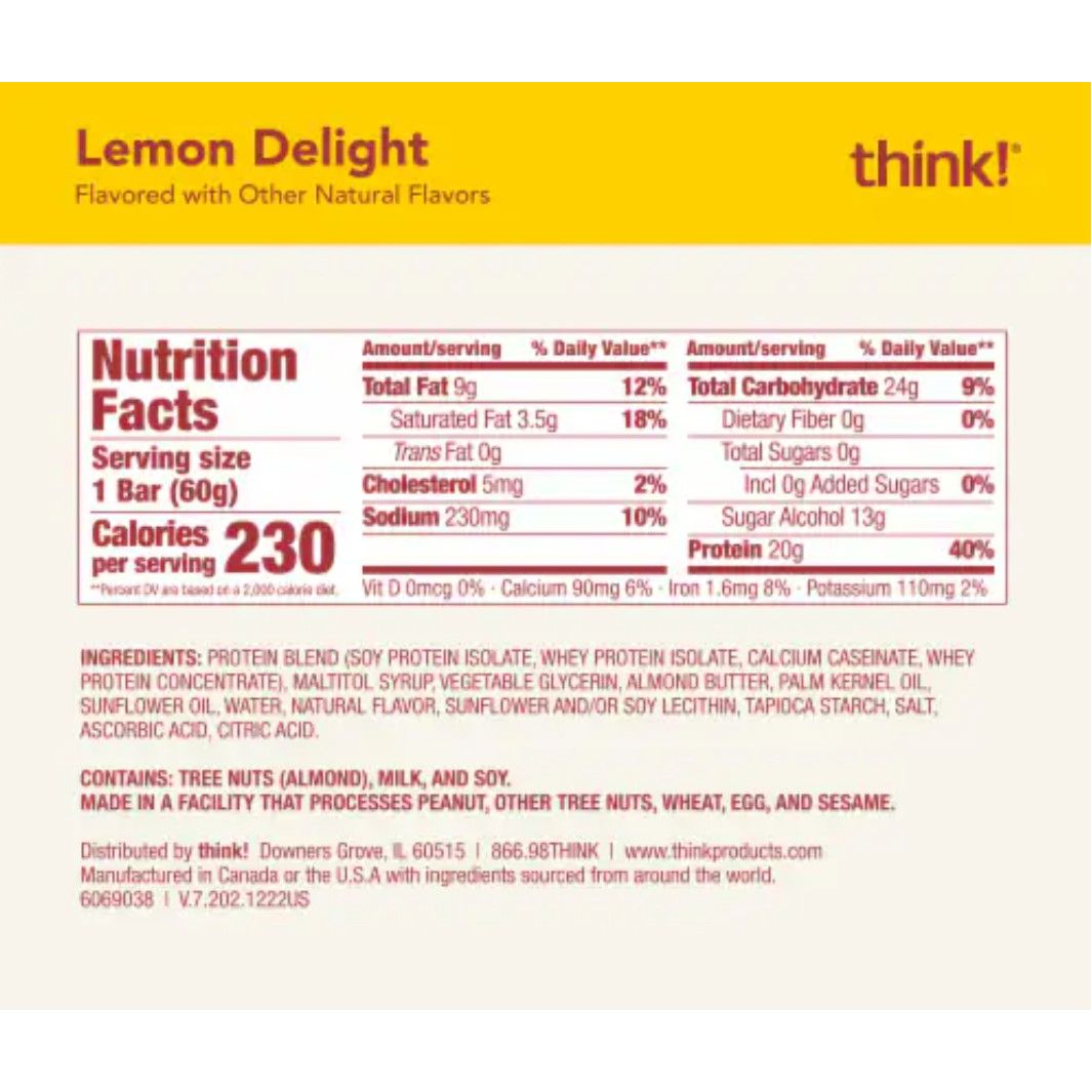 think! High Protein Bar Lemon Delight Nutrition Facts label — 20g protein, 230 calories per bar