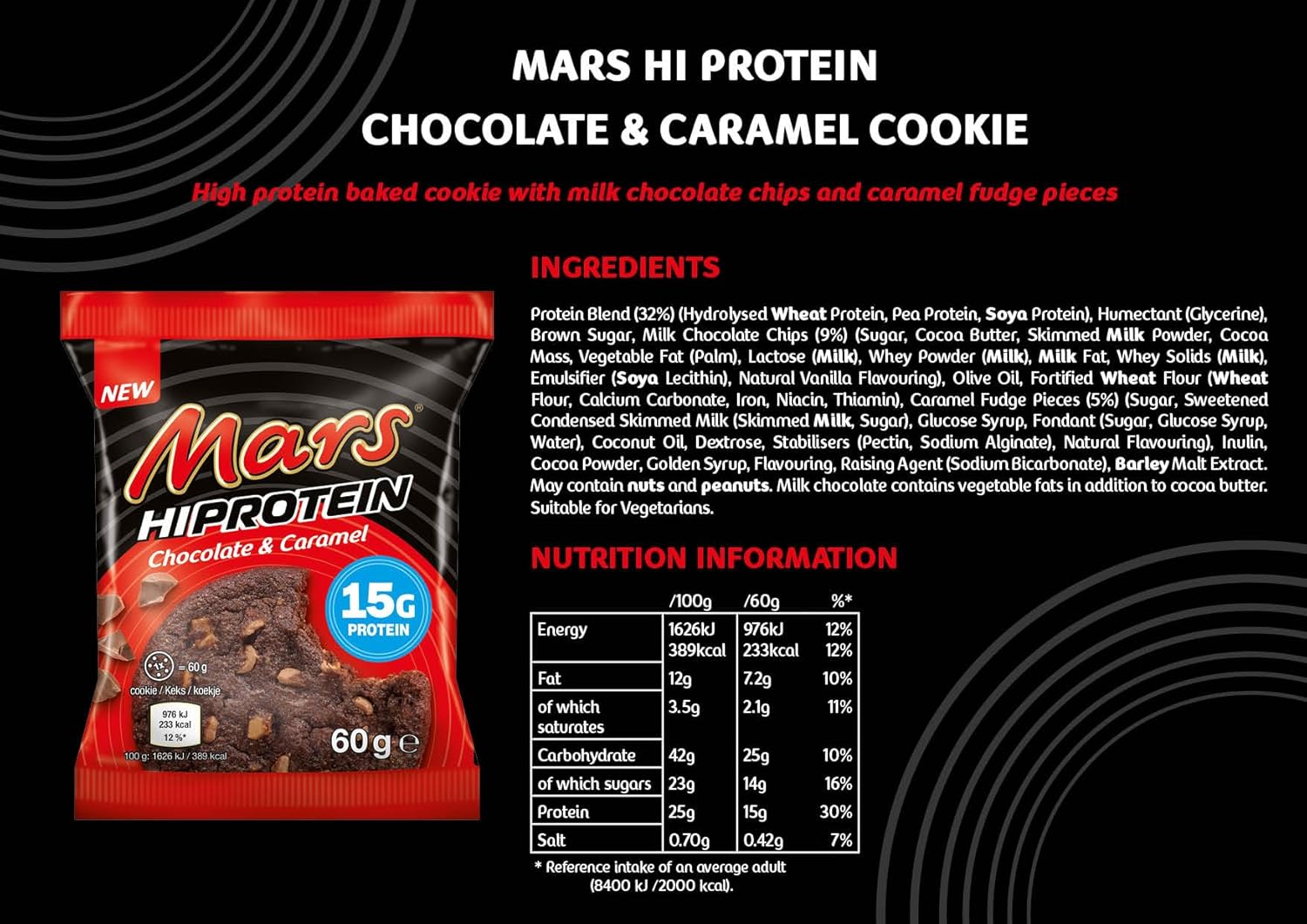 Mars Hi-Protein Chocolate & Caramel Cookie Nutrition Facts label — 15g protein per 60g cookie, with ingredients
