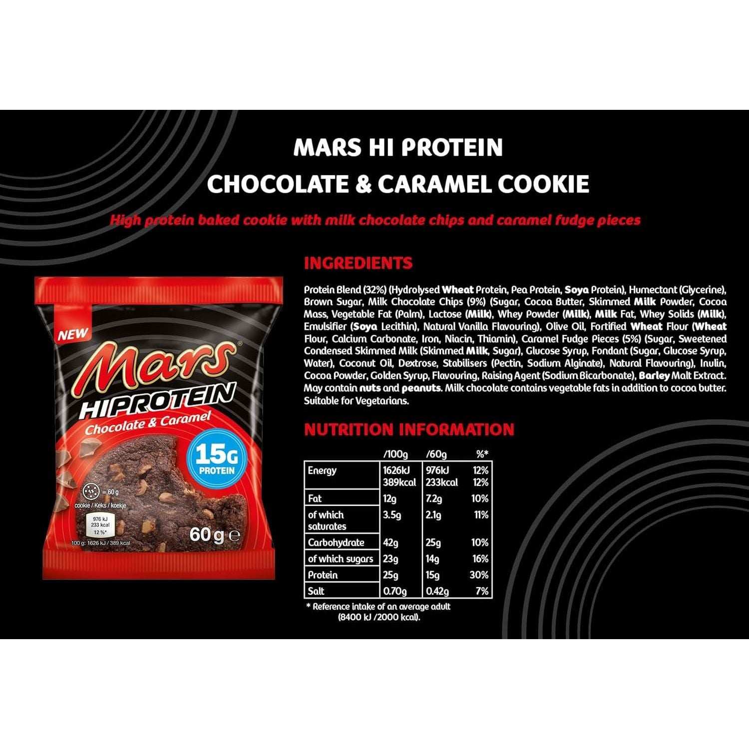 Mars Hi-Protein Chocolate & Caramel Cookie Nutrition Facts label — 15g protein per 60g cookie, with ingredients