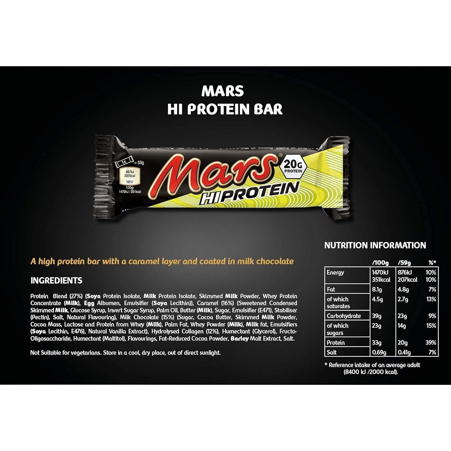 Mars Hi-Protein Bar Nutrition Facts label — 20g protein, caramel layer coated in milk chocolate