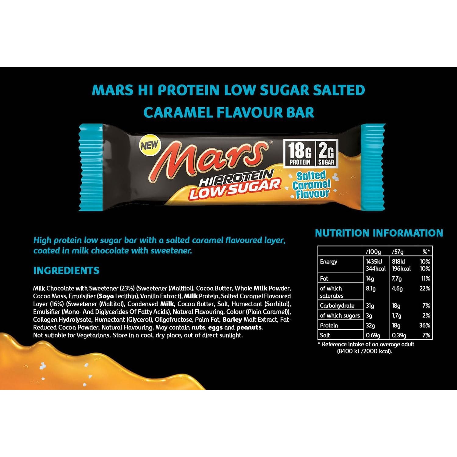 Mars Hi-Protein Low Sugar Salted Caramel Nutrition Facts label — 18g protein, 2g sugar per bar