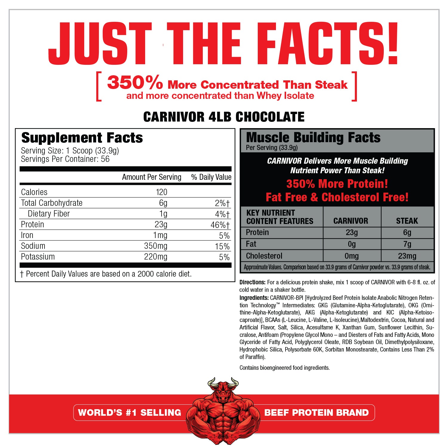 MuscleMeds Carnivor Beef Protein Isolate Supplement Facts label — 23g beef protein per scoop, no lactose