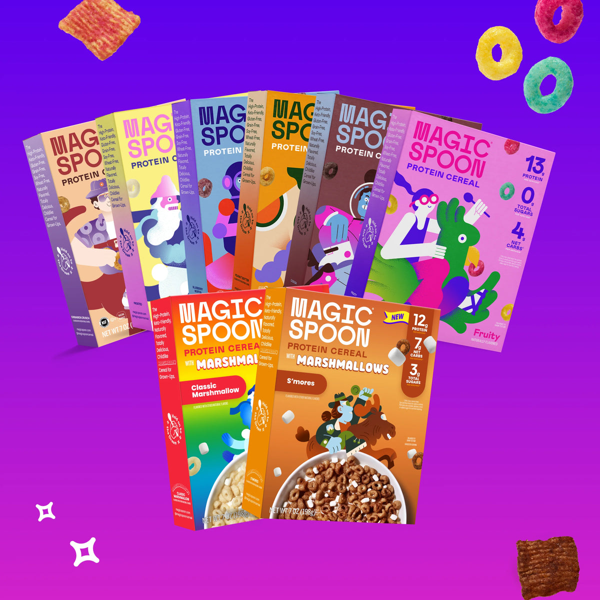 Magic Spoon Protein Cereal flavor collection fanned out on purple, including the Marshmallows boxes