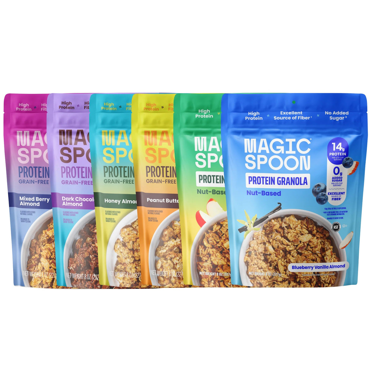 Magic Spoon Protein Granola flavor lineup — six bags standing including Honey Almond, Peanut Butter and Mixed Berry