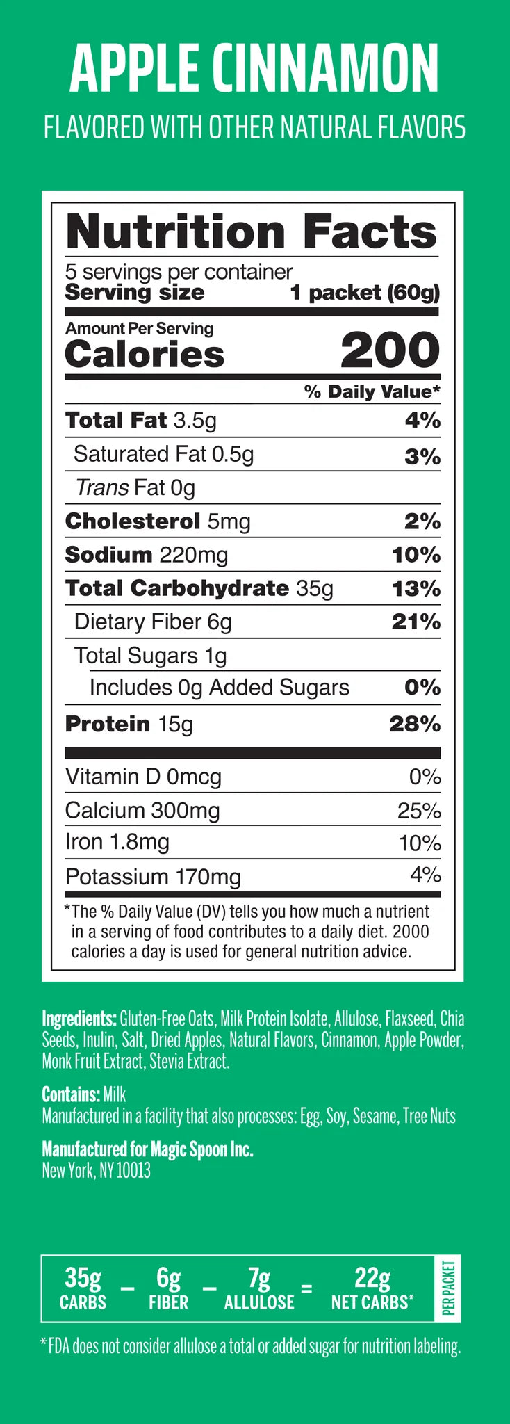 Magic Spoon Apple Cinnamon Protein Oatmeal Nutrition Facts — 200 calories, 15g protein, 1g sugar