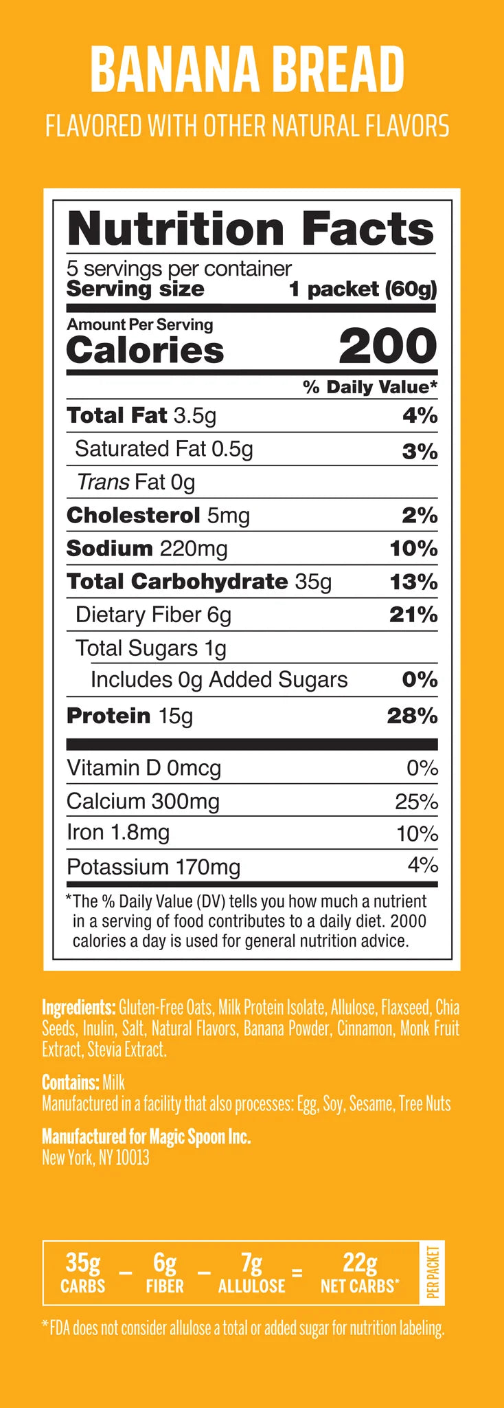 Magic Spoon Banana Bread Protein Oatmeal Nutrition Facts — 200 calories, 15g protein, 1g sugar