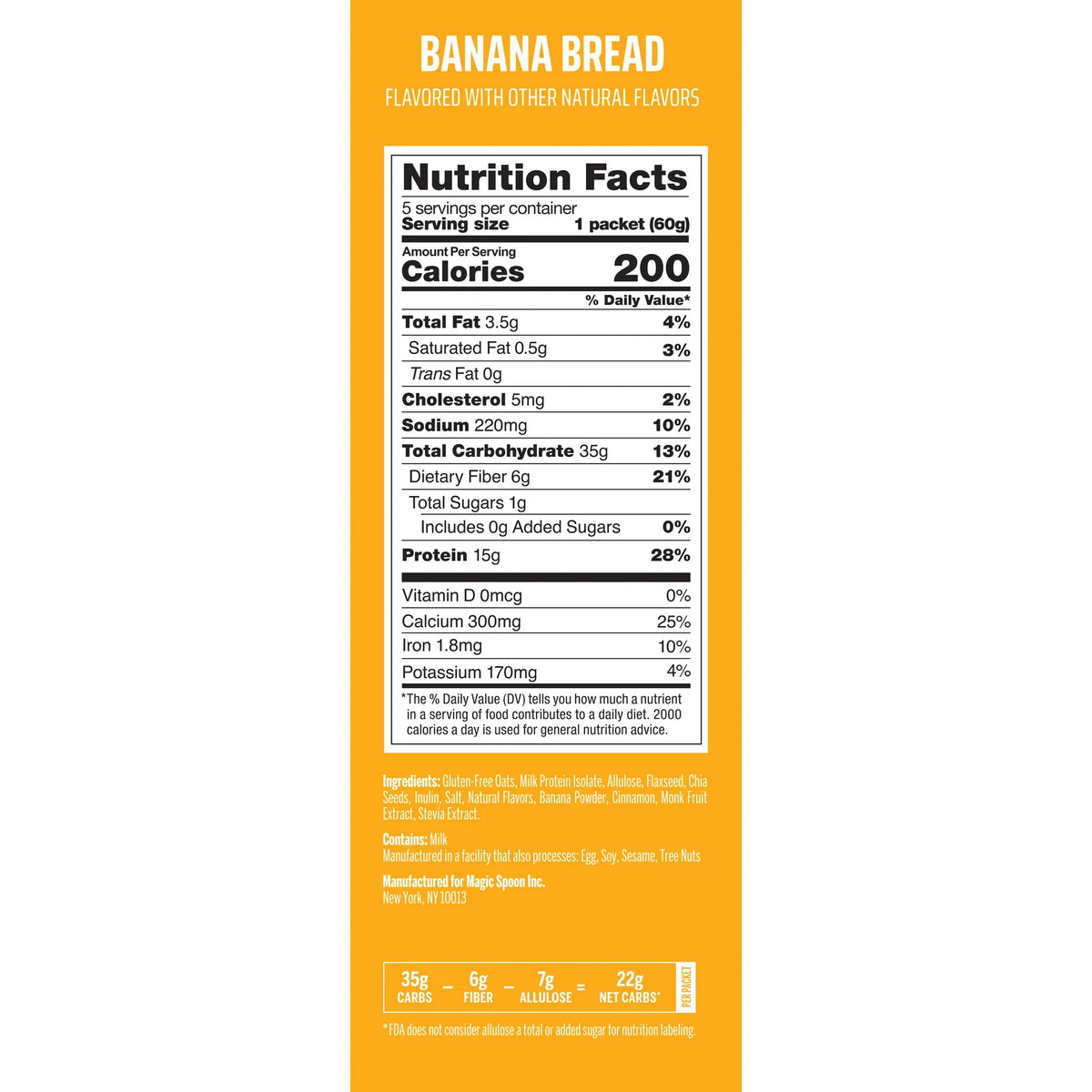 Magic Spoon Banana Bread Protein Oatmeal Nutrition Facts — 200 calories, 15g protein, 1g sugar