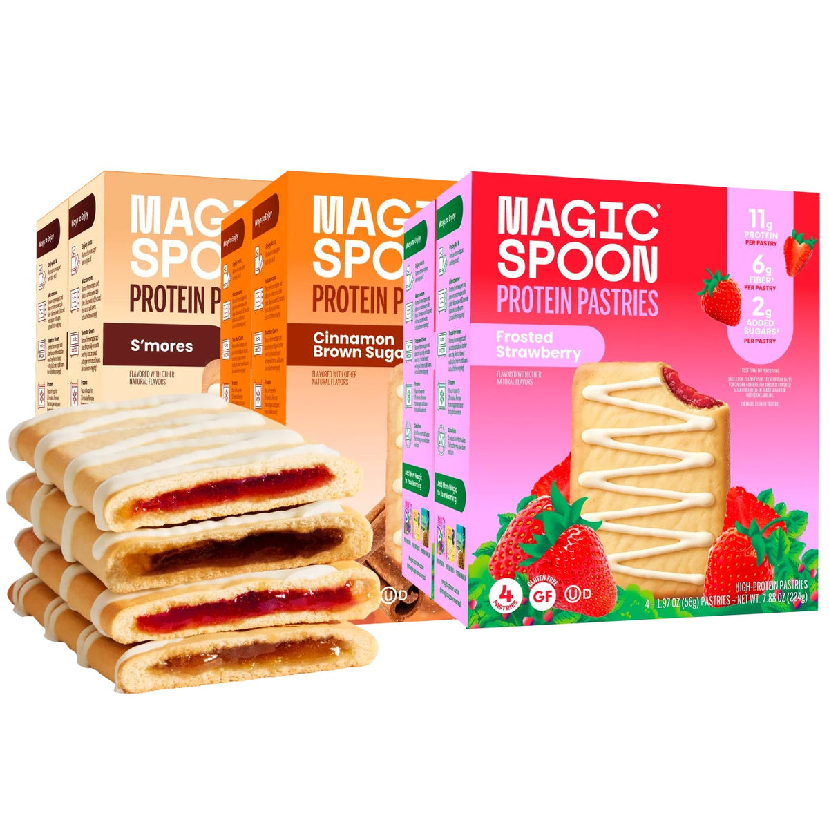 Magic Spoon Protein Pastries three boxes with stacked toaster pastries — S'mores, Cinnamon Brown Sugar, Frosted Strawberry