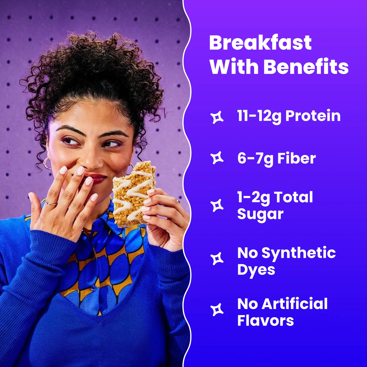Woman biting a Magic Spoon Treats bar beside benefits — 11 to 12g protein, 6 to 7g fiber, 1 to 2g sugar, no synthetic dyes