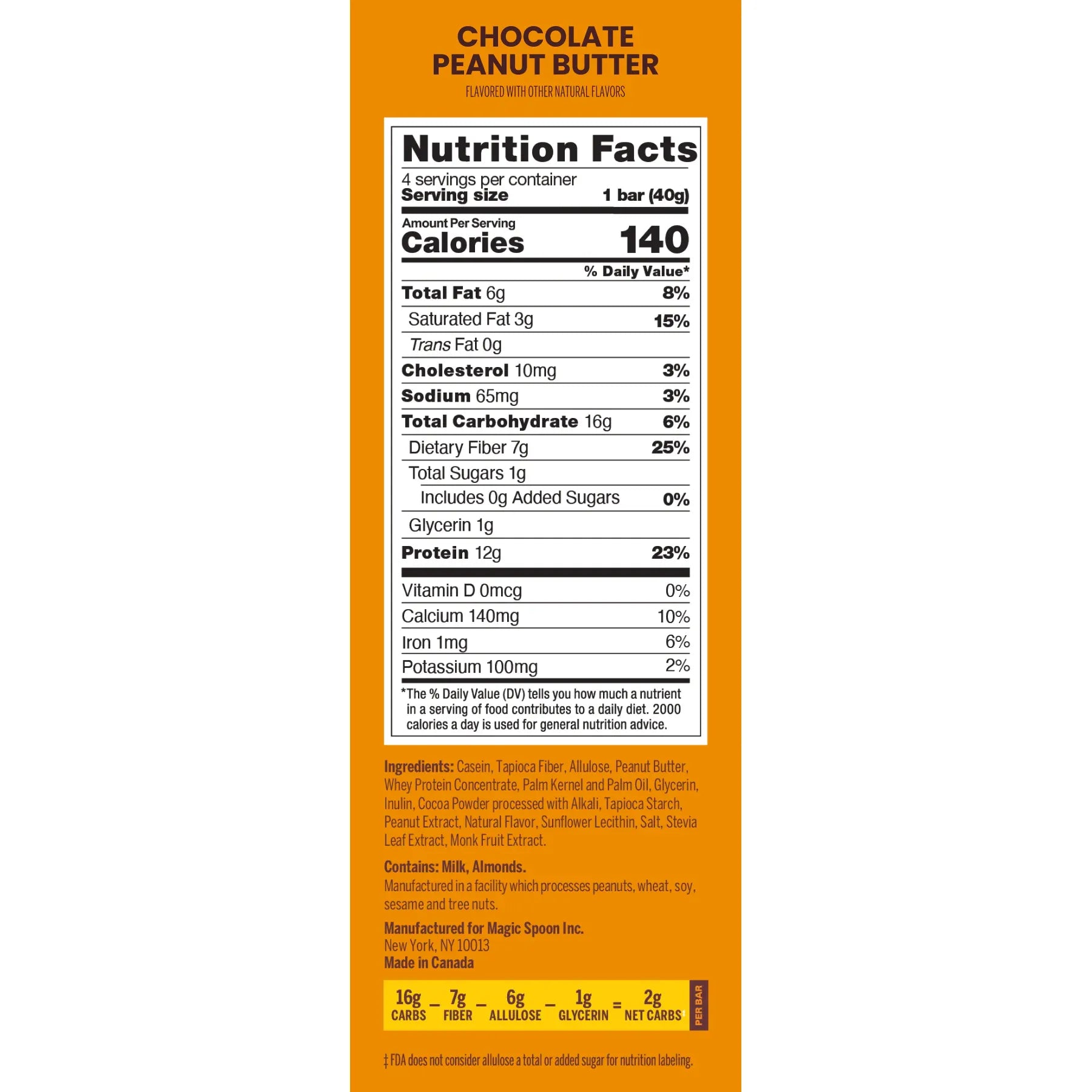 Magic Spoon Treats Keto Protein Bar Nutrition Facts panel — 12g protein, 2g net carbs