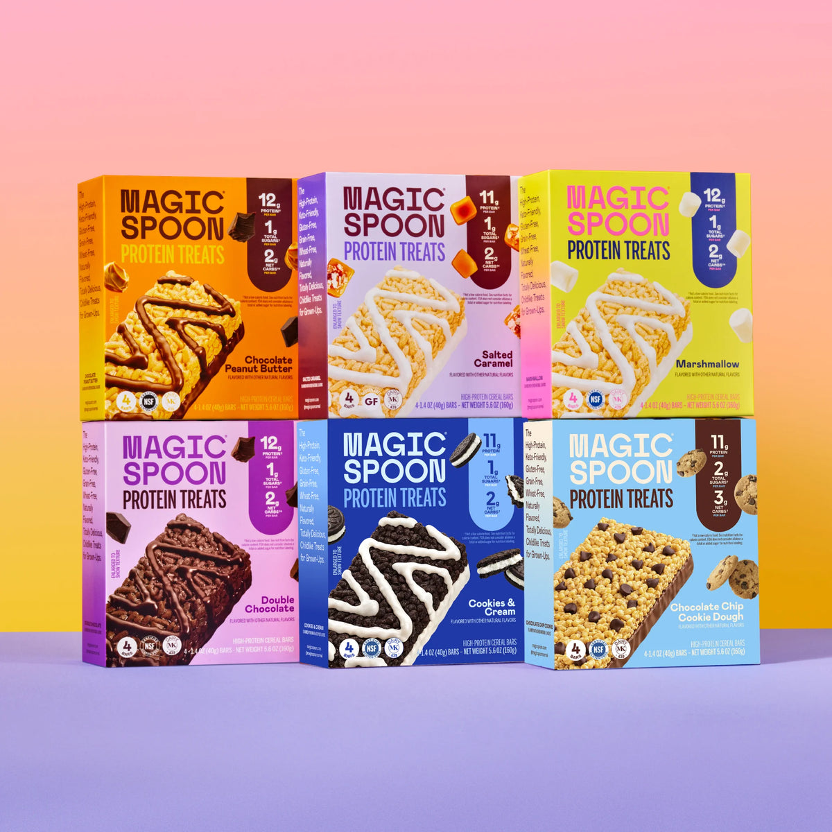 Magic Spoon Treats box lineup — six colorful high-protein keto cereal bar flavors stacked together