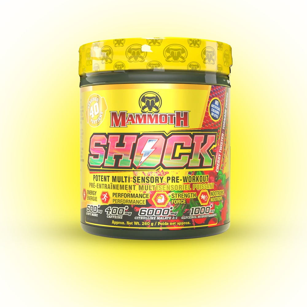 Mammoth SHOCK Pre-Workout (40 servings) - Top Nutrition and Fitness Canada Purple Monsoon-Cherry Twister-Peach Tsunami-Tropic Fruit Thunder-Citrus Cyclone