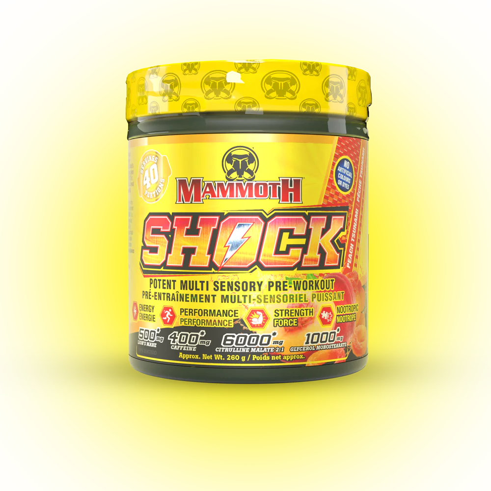 Mammoth SHOCK Pre-Workout (40 servings) - Top Nutrition and Fitness Canada Purple Monsoon-Cherry Twister-Peach Tsunami-Tropic Fruit Thunder-Citrus Cyclone
