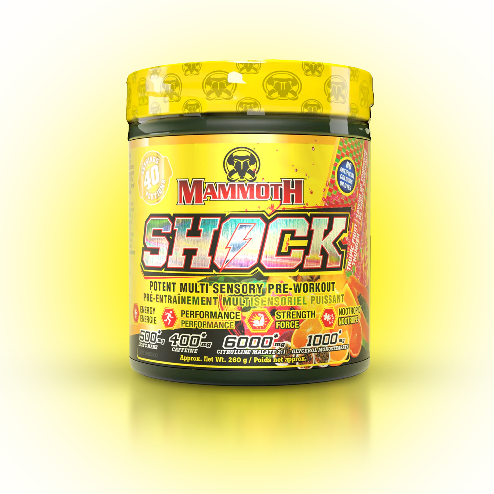 Mammoth SHOCK Pre-Workout (40 servings) - Top Nutrition and Fitness Canada Purple Monsoon-Cherry Twister-Peach Tsunami-Tropic Fruit Thunder-Citrus Cyclone