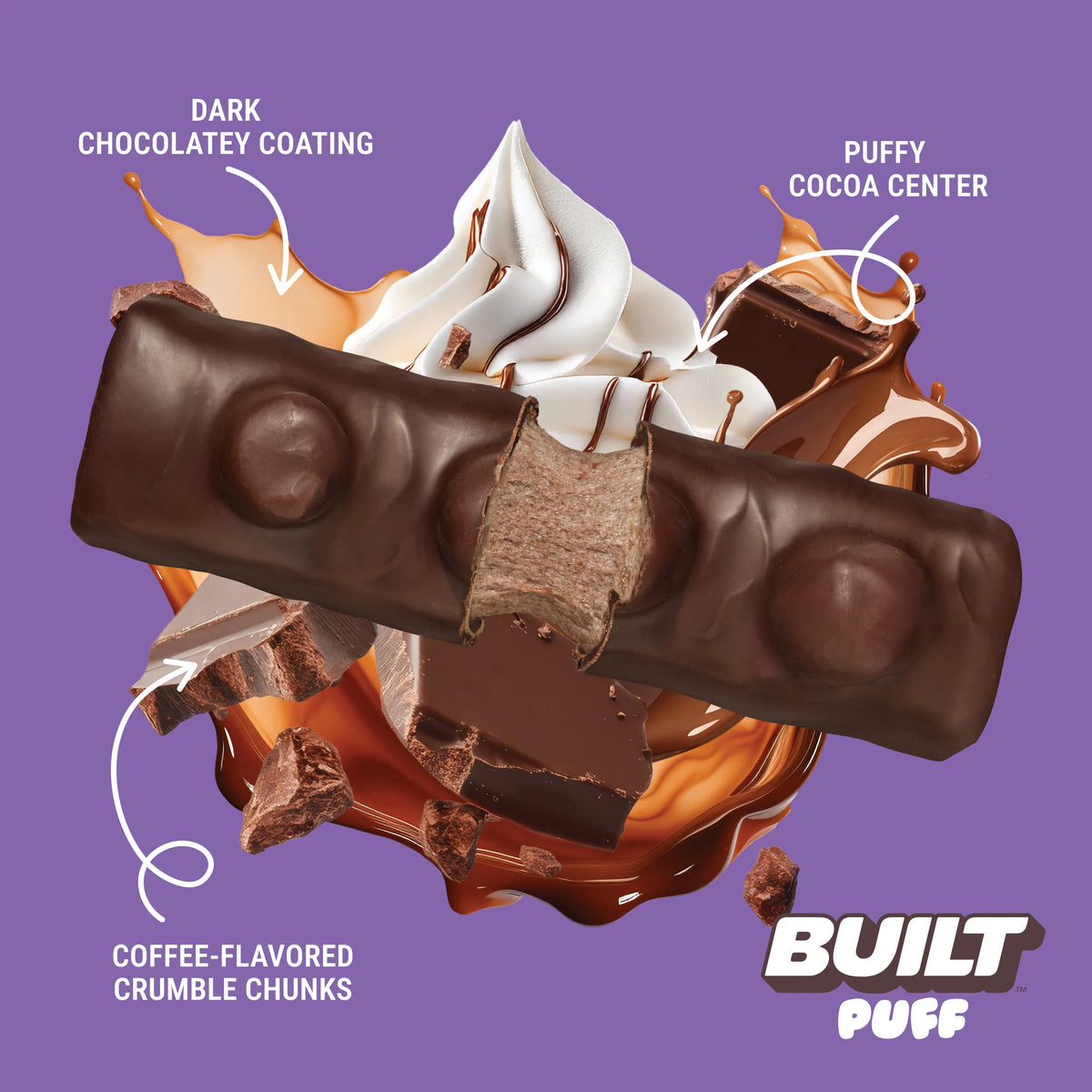 Built Puff protein bar cut open showing a puffy cocoa center under a dark chocolatey coating with coffee crumble