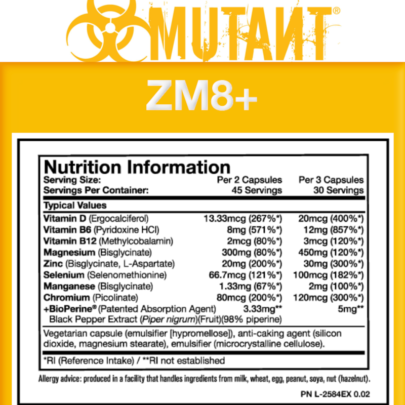 Mutant ZM8+ Supplement Facts Panel — 8 micronutrients per serving