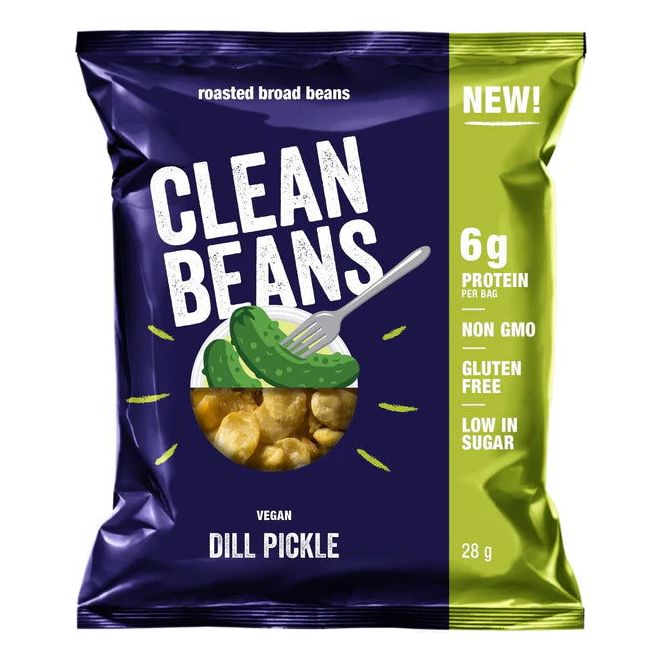 Nutraphase Clean Beans Dill Pickle single-serve 28g bag, roasted broad beans, 6g protein vegan