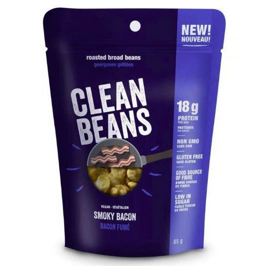 Nutraphase Clean Beans Smoky Bacon roasted broad beans, purple bag, vegan gluten-free 18g protein