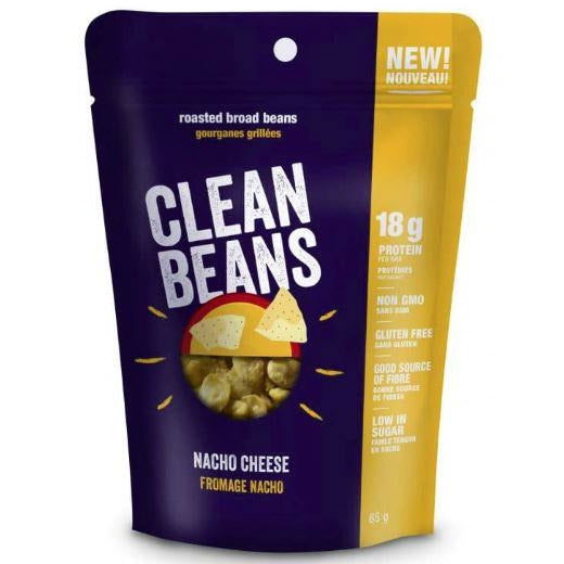 Nutraphase Clean Beans Nacho Cheese roasted broad beans, yellow bag, vegan gluten-free snack