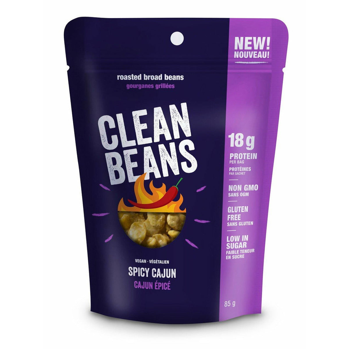 Nutraphase Clean Beans Spicy Cajun roasted broad beans, magenta bag, vegan gluten-free 18g protein