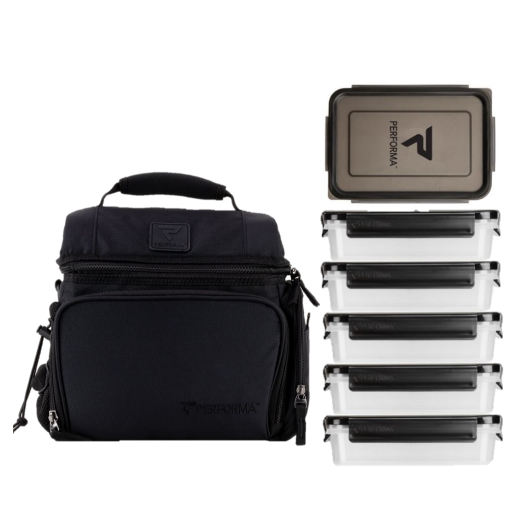 Performa MATRIX 6 Meal Cooler Bag with removable adjustable shoulder strap and back luggage strap panel in black
