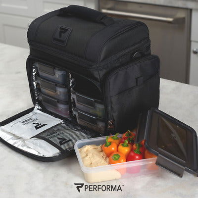 Performa MATRIX 6 Meal Cooler Bag open, showing six leak-proof BPA-free meal containers and removable thermal divider