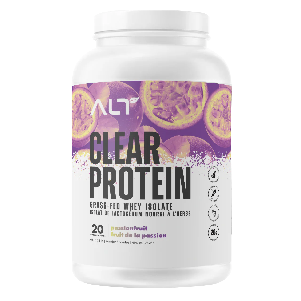 ALT Clear Protein Grass Fed Whey Isolate Passion Fruit — front of 20-serving tub, 20g protein