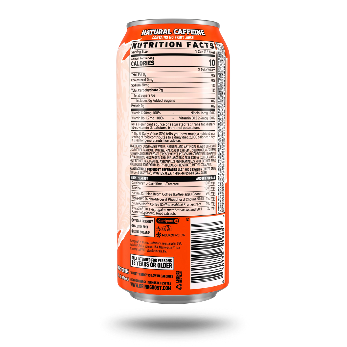 GHOST Energy USA Peaches — Nutrition Facts label, 16 fl oz can, 200mg natural caffeine