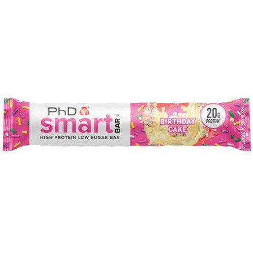 PhD Smart Birthday Cake high protein low sugar bar, single wrapped bar front, 20g protein