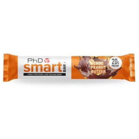 PhD Smart Choc Peanut Butter high protein low sugar bar, single wrapped bar front, 20g protein
