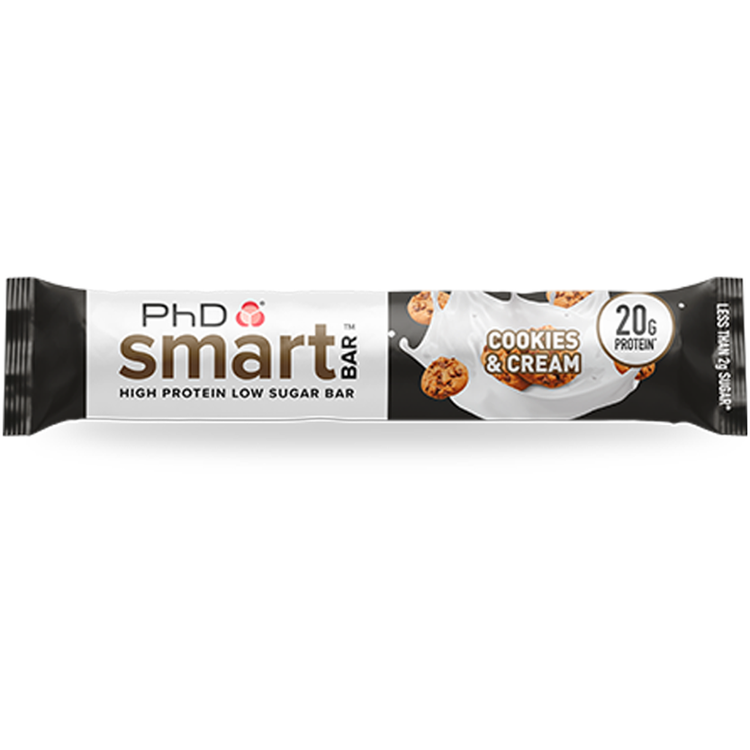 PhD Smart Cookies and Cream high protein low sugar bar, single wrapped bar front, 20g protein