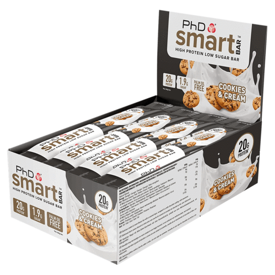 PhD Smart Cookies and Cream protein bar, retail box of 12 bars, high protein low sugar