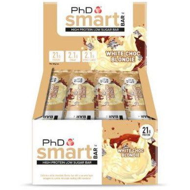 PhD Smart White Choc Blondie protein bar, retail box of 12 bars, high protein low sugar