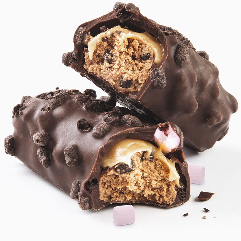 PhD Smart Mississippi Tough Mudder Pie bar broken open showing marshmallow pieces and caramel