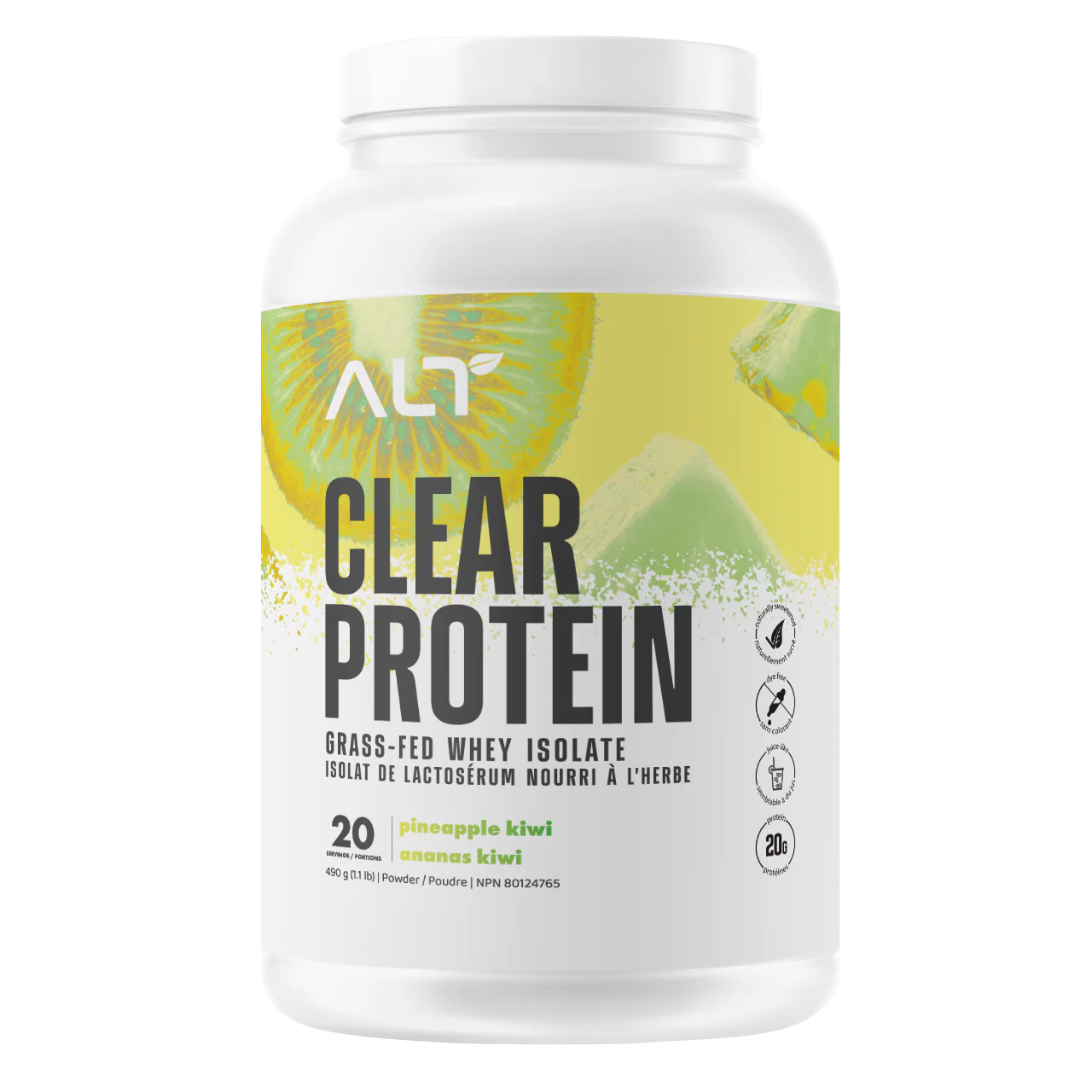 ALT Clear Protein Grass Fed Whey Isolate Pineapple Kiwi — front of 20-serving tub, 20g protein
