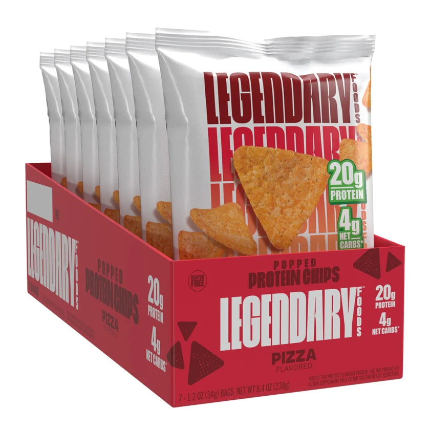 Croustilles protéinées Legendary Foods Pizza, boîte de 7 sacs, carton rouge, 20g de protéines, sans gluten