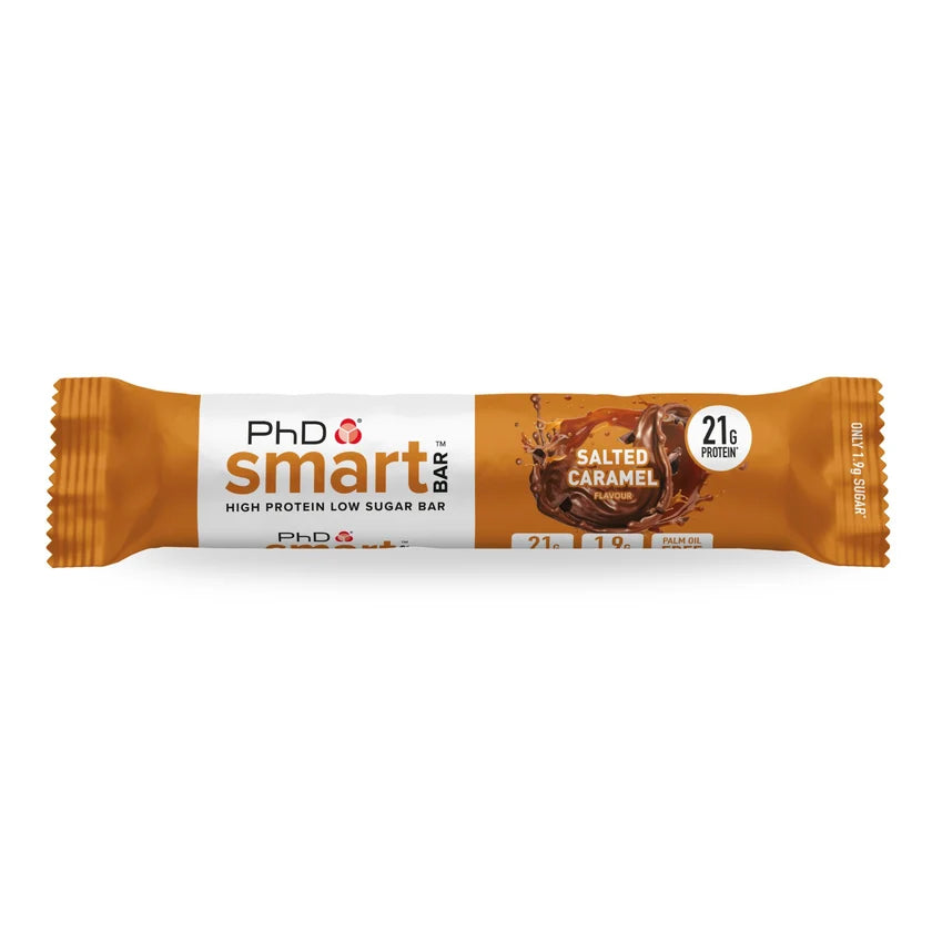 PhD Smart Salted Caramel high protein low sugar bar, single wrapped bar front, 21g protein
